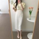 Set: Short-sleeve Square-neck Buttoned Top + A-line Midi Skirt