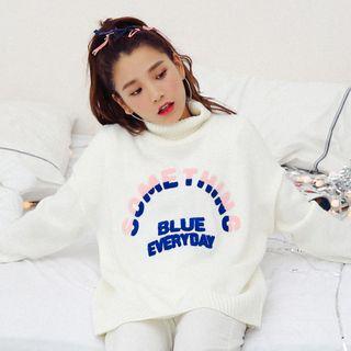 Lettering Embroidered High Neck Sweater