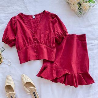 Set: Short-sleeve Buttoned Cropped Top + Frill Trim A-line Mini Skirt