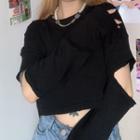 Long-sleeve Cutout Cropped T-shirt Black - One Size