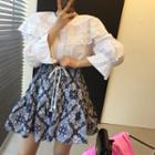 Print Mini Skirt / Lace Panel Button-up Blouse
