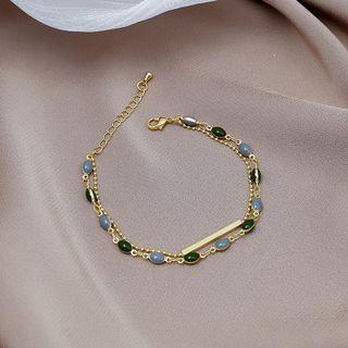 Glaze Layered Alloy Bracelet S160-1 - Blue & Green Bead - Gold - One Size