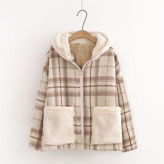 Plaid Hooded Jacket Khaki - One Size