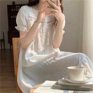 Ruffle Trim Loungewear Dress White - One Size