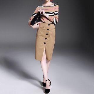 Set: Striped Long-sleeve Knit Top + Buttoned Pencil Skirt