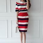 Set: Striped Cardigan + Short-sleeve Top + Skirt Set - As Shown In Figure - One Size