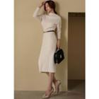 Cowl-neck Mutton-sleeve Pencil Dress