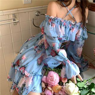 Long-sleeve Floral Print Cold-shoulder Mini Dress Blue - One Size