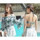 Set: Floral Halter-neck Bikini Top + Lace Panel Swim Skort + Cover-up Top