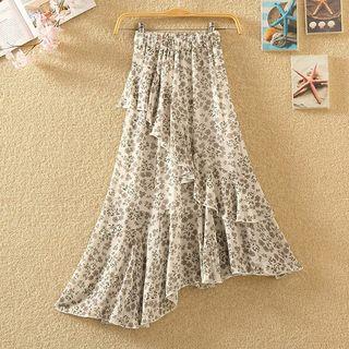 Floral Ruffle Trim Midi A-line Skirt