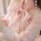 Tie-neck Faux-pearl Button See-through Blouse