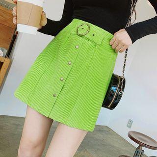 Belted Snap-button Corduroy Miniskirt