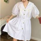 3/4-sleeve Lace Trim Buttoned Top / A-line Dress