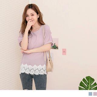 Crochet Panel Short-sleeve Ruffled Top