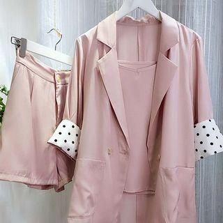 Set: Plain Blazer + Camisole Top + High-waist Shorts