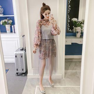 Set: Long-sleeve Floral Chiffon Dress + Strappy Sheer Panel A-line Dress