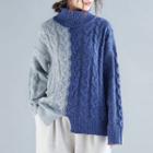 Color Block Cable Knit Turtleneck Jacket Blue - One Size