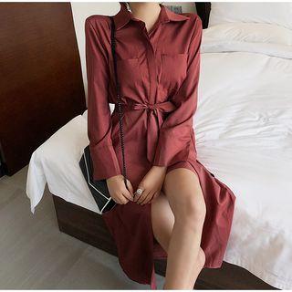 Slit-side Tie-waist Plain Shirtdress