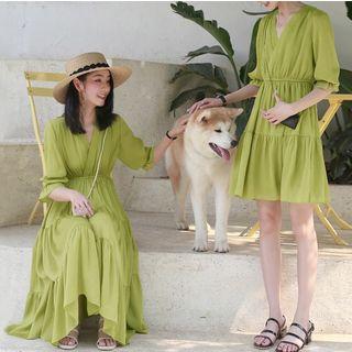 V-neck Elbow-sleeve Shirred A-line Dress