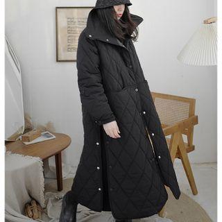 Lapel Plain Medium Long Padded Jacket Black - One Size