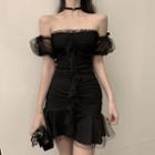 Off-shoulder Short-sleeve A-line Dress Black - One Size