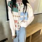 Long-sleeve Color-block Printed Knit Cardigan Almond - One Size