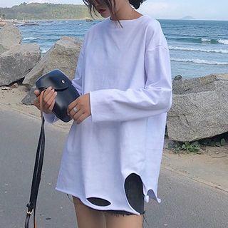 Long Sleeve Loose-fit Cutout Pullover White - One Size
