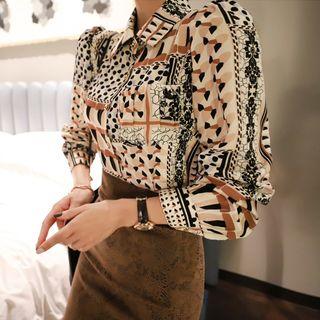 Set: Long-sleeve Printed Shirt + Velvet Midi Fitted Skirt