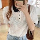 Short-sleeve Perforated Polo Neck Top White - One Size