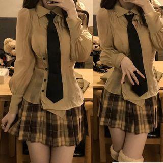 Long-sleeve Blouse With Necktie / Plaid Mini A-line Skirt
