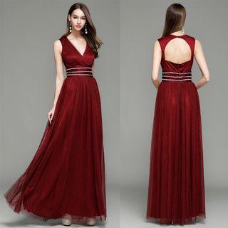 Open Back V-neck Sleeveless Evening Gown