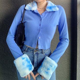 Long-sleeve Faux Fur Trim Button-up Knit Top