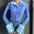 Long-sleeve Faux Fur Trim Button-up Knit Top
