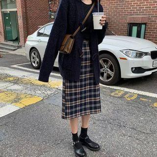 Cardigan / Plaid Midi A-line Dress / Set