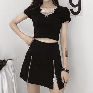 Short-sleeve Chained Crop Top / Butterfly Zip Mini Skirt / Set