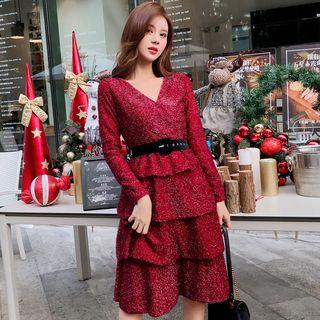 Long-sleeve V-neck Layered Dress