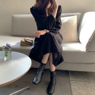 Tie-waist Corduroy A-line Long Dress Black - One Size