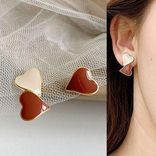 Non-matching Glaze Heart Earring 1 Pair - Earrings - Silver - Non-matching - Love Heart - 2 Tones - One Size