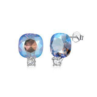 Sterling Silver Fashion Simple Geometric Square Stud Earrings With Lake Blue Austrian Element Crystal Silver - One Size