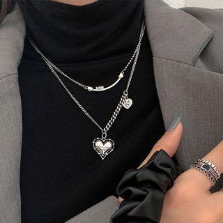 Layered Heart Charm Necklace Silver - One Size