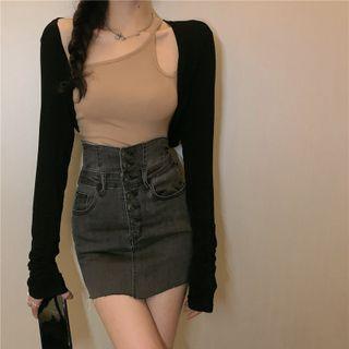 Cropped Cardigan / Irregular Camisole Top / High Waist Denim Skirt