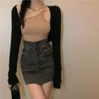 Cropped Cardigan / Irregular Camisole Top / High Waist Denim Skirt