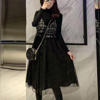 Set: Mock-turtleneck Sweater + Mesh Overlay Midi Tweed Pinafore Dress