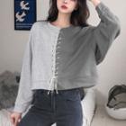 Color-block Lace-up Crewneck Long-sleeve Sweatshirt Gray - One Size
