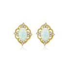 Sterling Silver Plated Gold Simple Vintage Fashion Pattern White Imitation Opal Stud Earrings With Cubic Zirconia Golden - One Size