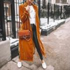 Long-sleeve Plain Velvet Pocket Open Front Long Jacket