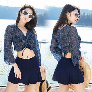 Set: Plain Bikini + Long-sleeve Glitter Cover Up
