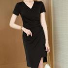 Short-sleeve V-neck Slit Mini Bodycon Dress