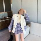 Fleece Panel Plaid Button Jacket / Plaid Mini Skirt