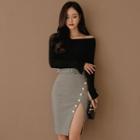 Shoulder Cut Out Long-sleeve Top / Slit Fitted Skirt